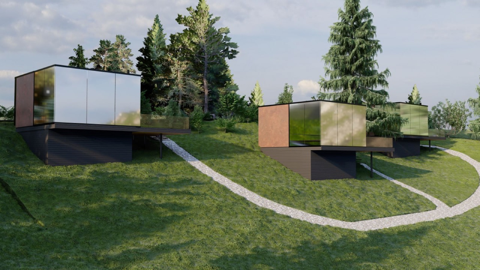 Рендер трьох дзеркальних будинків Reflexia